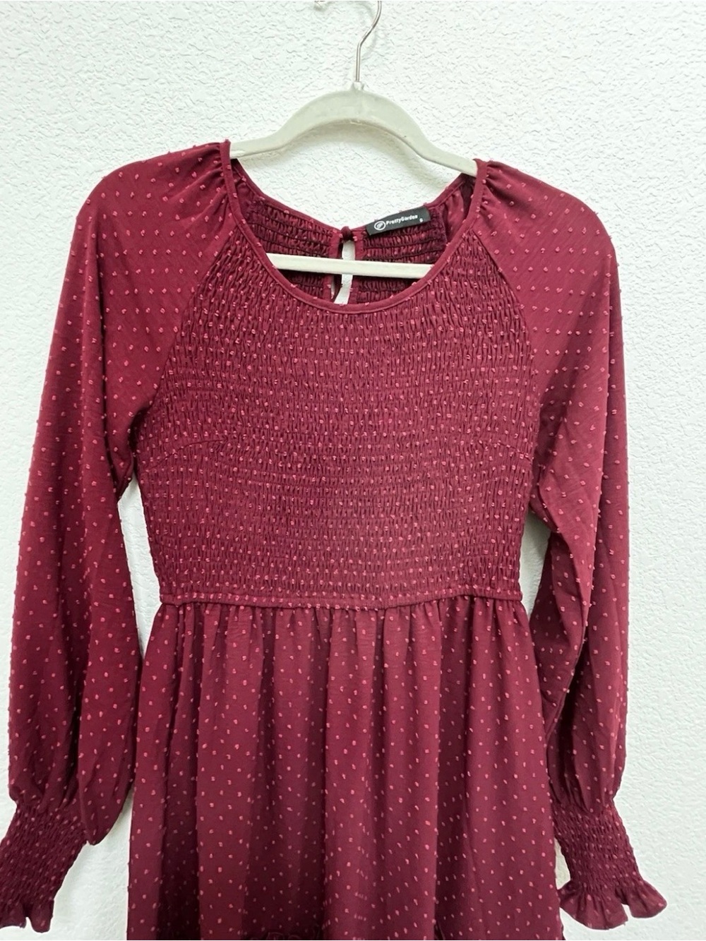 Smocked Bodice Burgundy Maxi Dress with Long Sleeves - Picture 3 of 9